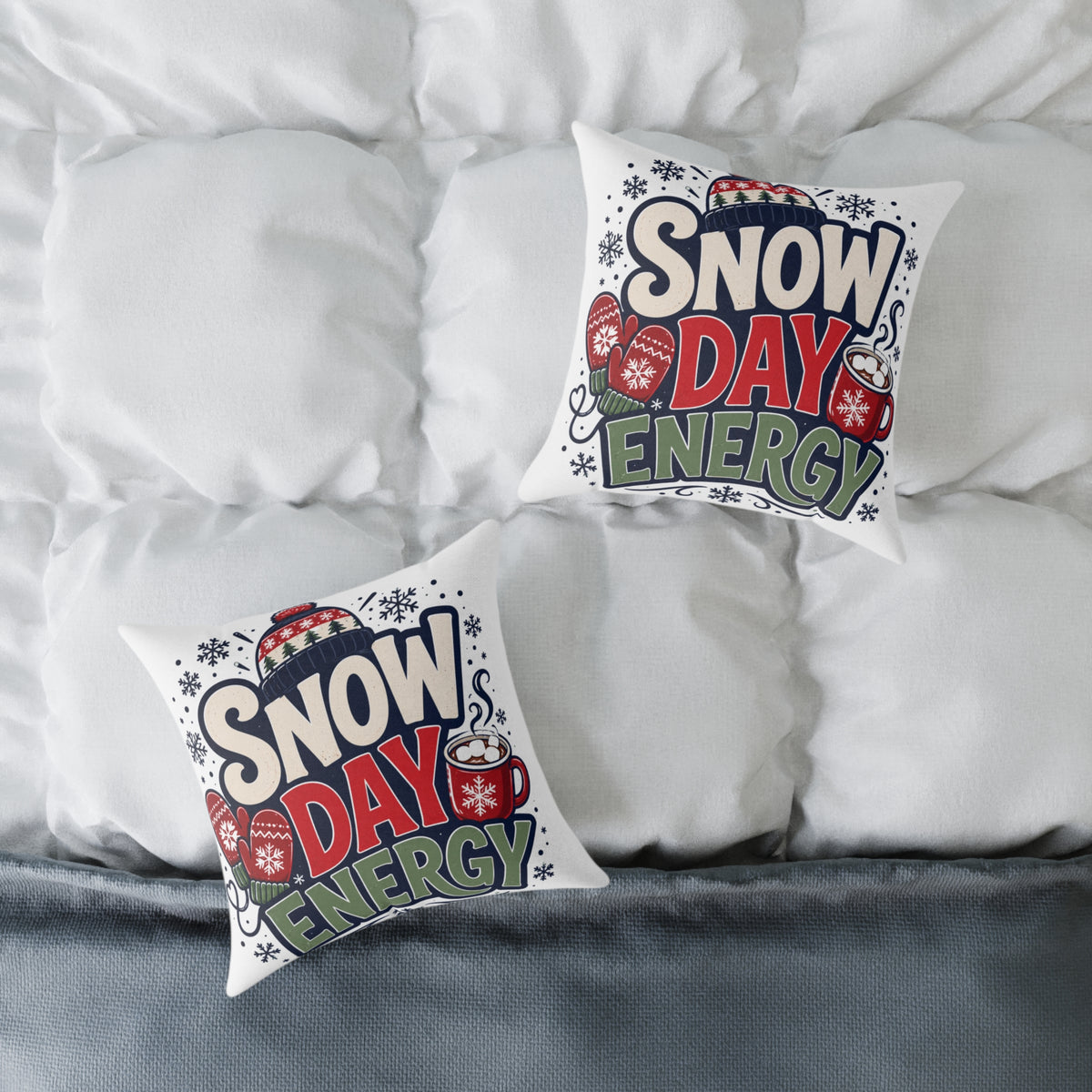 Christmas Snow Day Energy Pillow — Cozy Winter Decorative Throw Pillow with Holiday Mug & Mittens Design