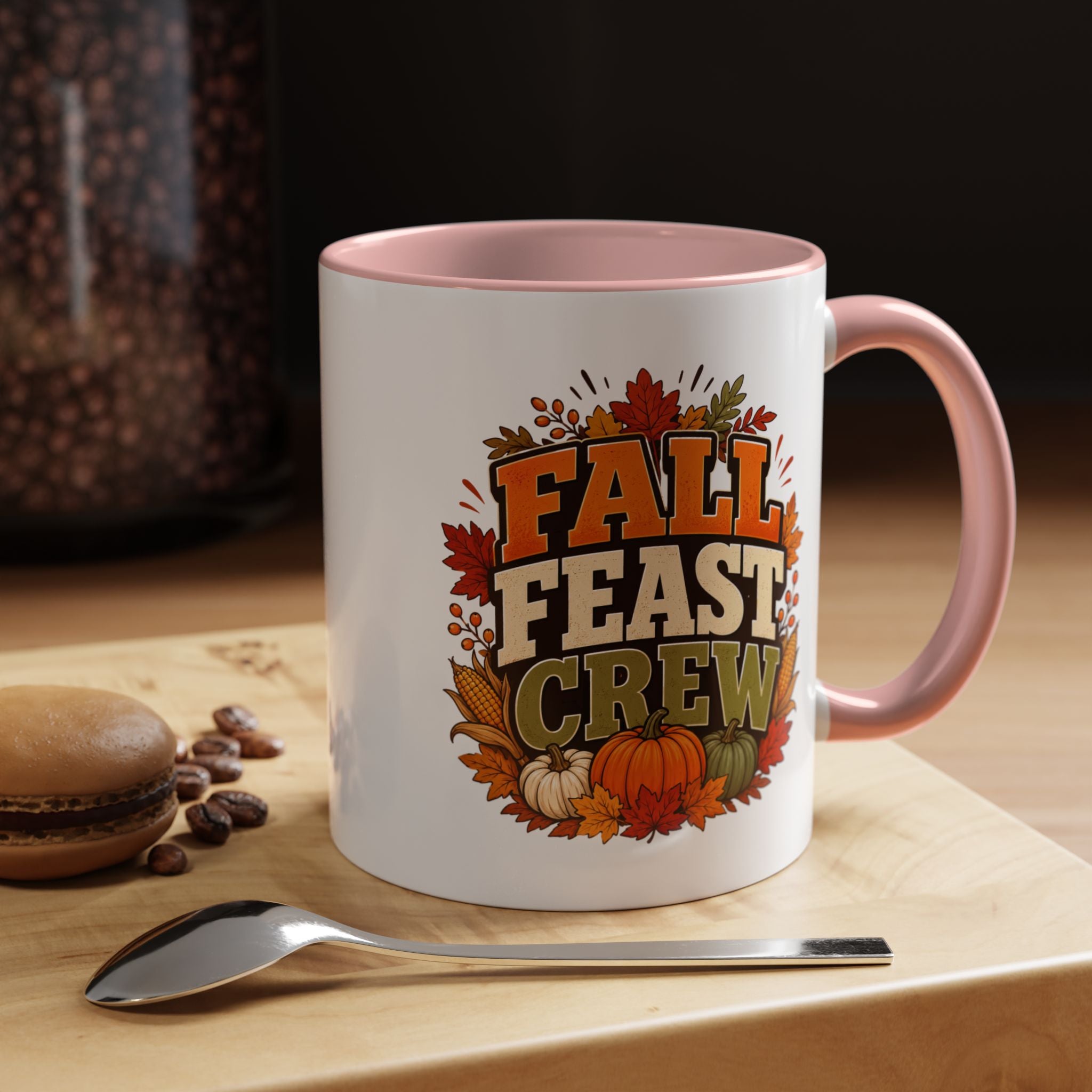 Thanksgiving Mug Fall Feast Crew Coffee Mug — Thanksgiving Pumpkin Autumn Leaves Accent Mug