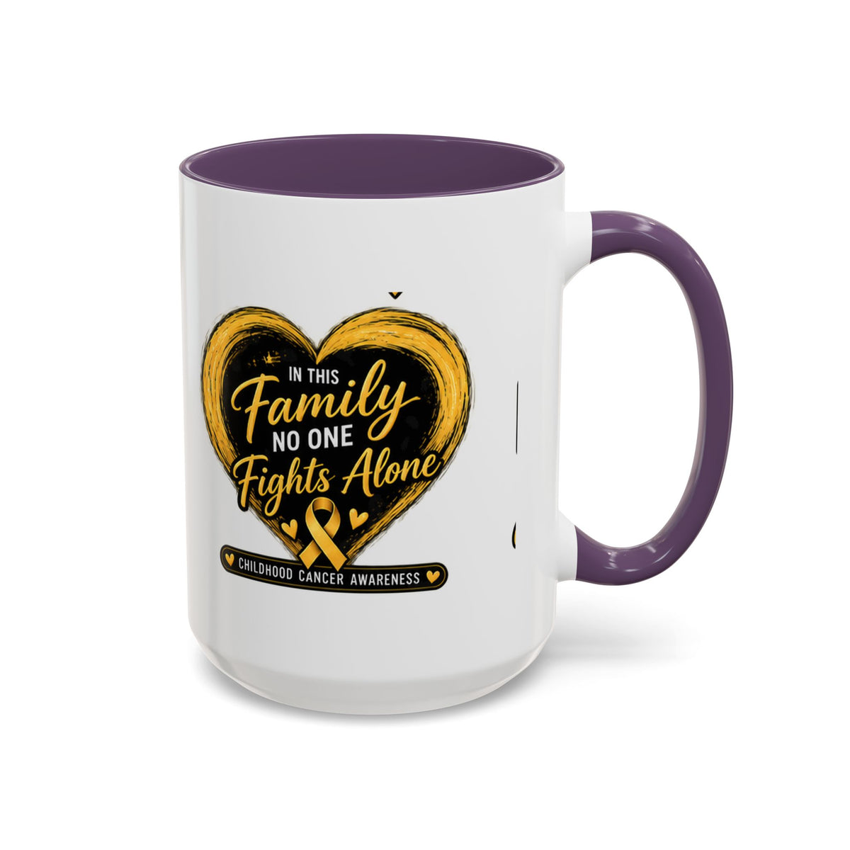 Childhood Cancer Awareness Accent Coffee Mug — "In This Family No One Fights Alone"