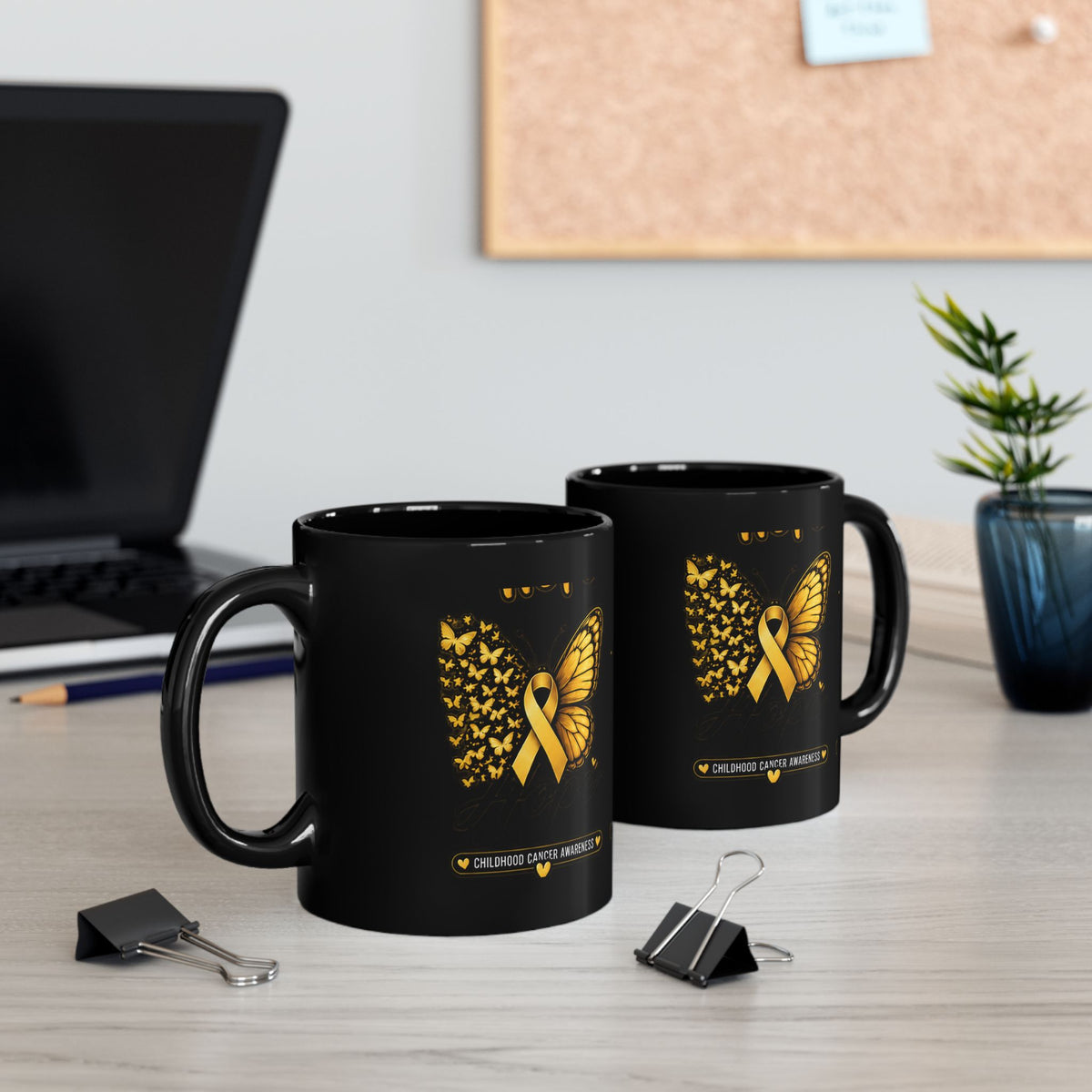 Childhood Cancer Awareness Mug — Gold Ribbon Butterfly Black Coffee Cup (11oz, 15oz)