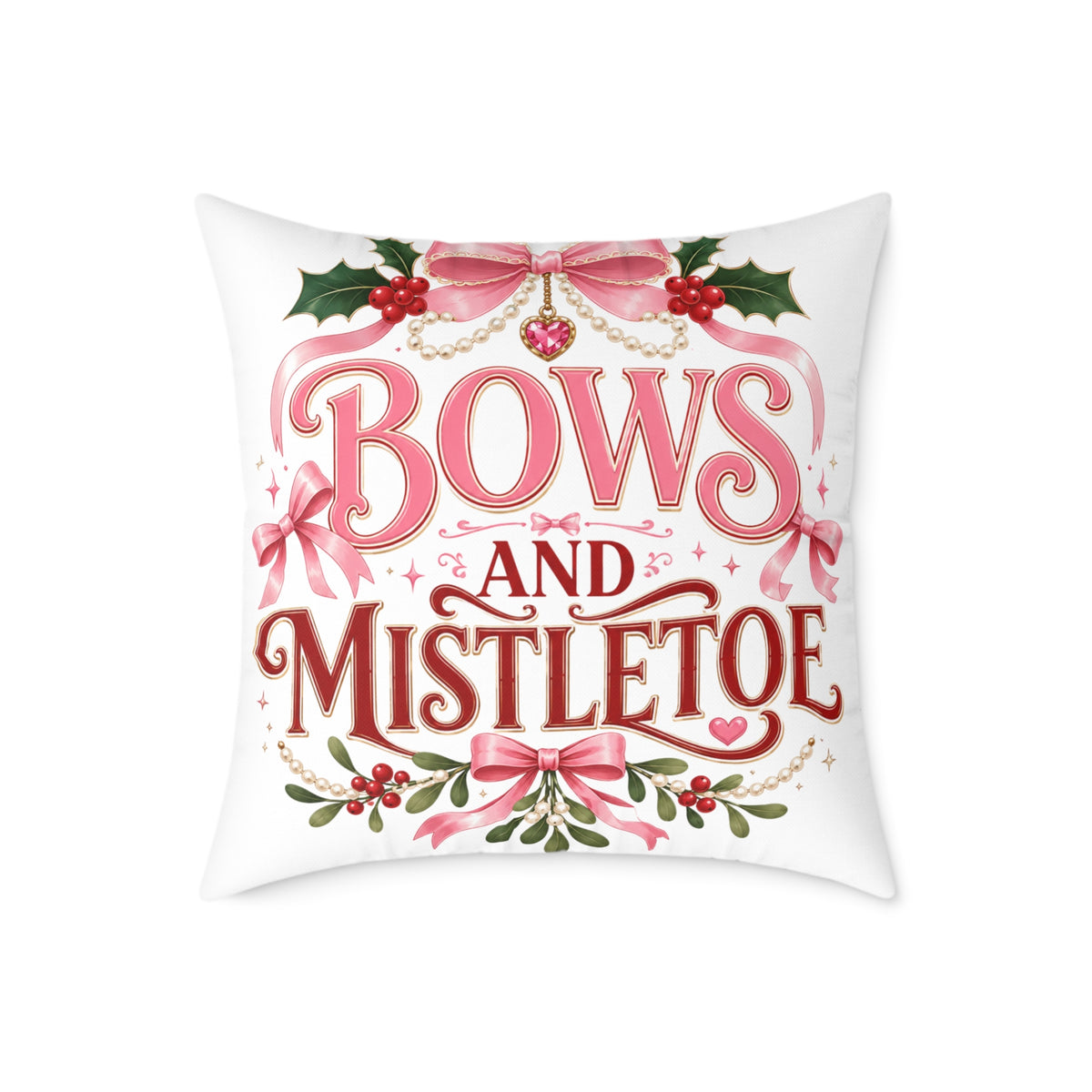 Christmas Bows And Mistletoe Square Poly Canvas Pillow