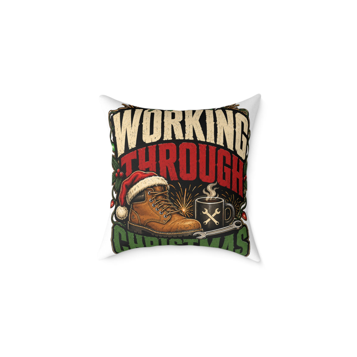 Working Through Christmas Modern Day Christmas Decorative Pillow — Holiday Boot & Coffee Throw Pillow