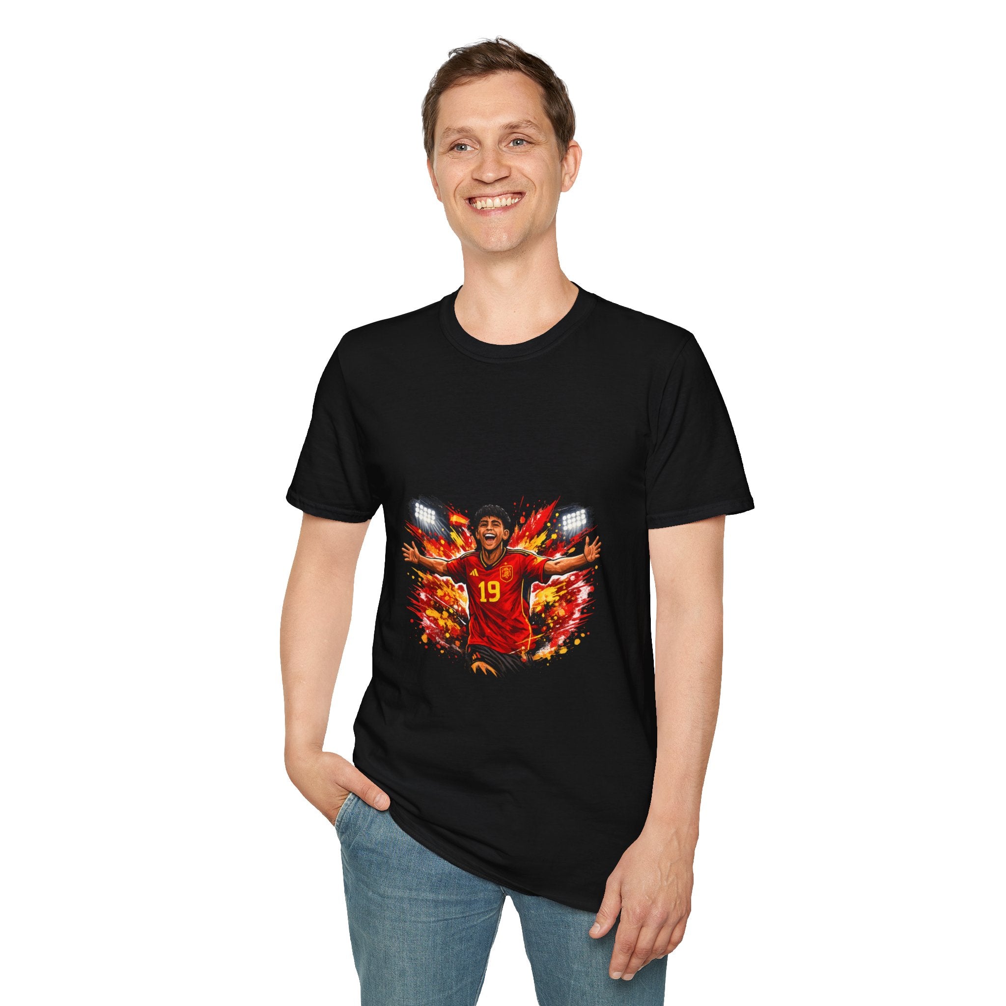 Spain Soccer Fan Portrait T‑Shirt – Fiery Goal Celebration Design