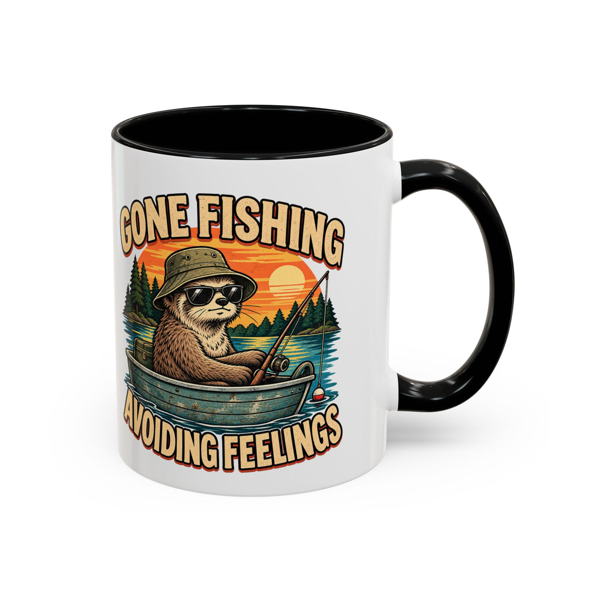 Funny And Witty "Gone Fishing Avoiding Feelings" Accent Coffee Mug (11, 15oz)