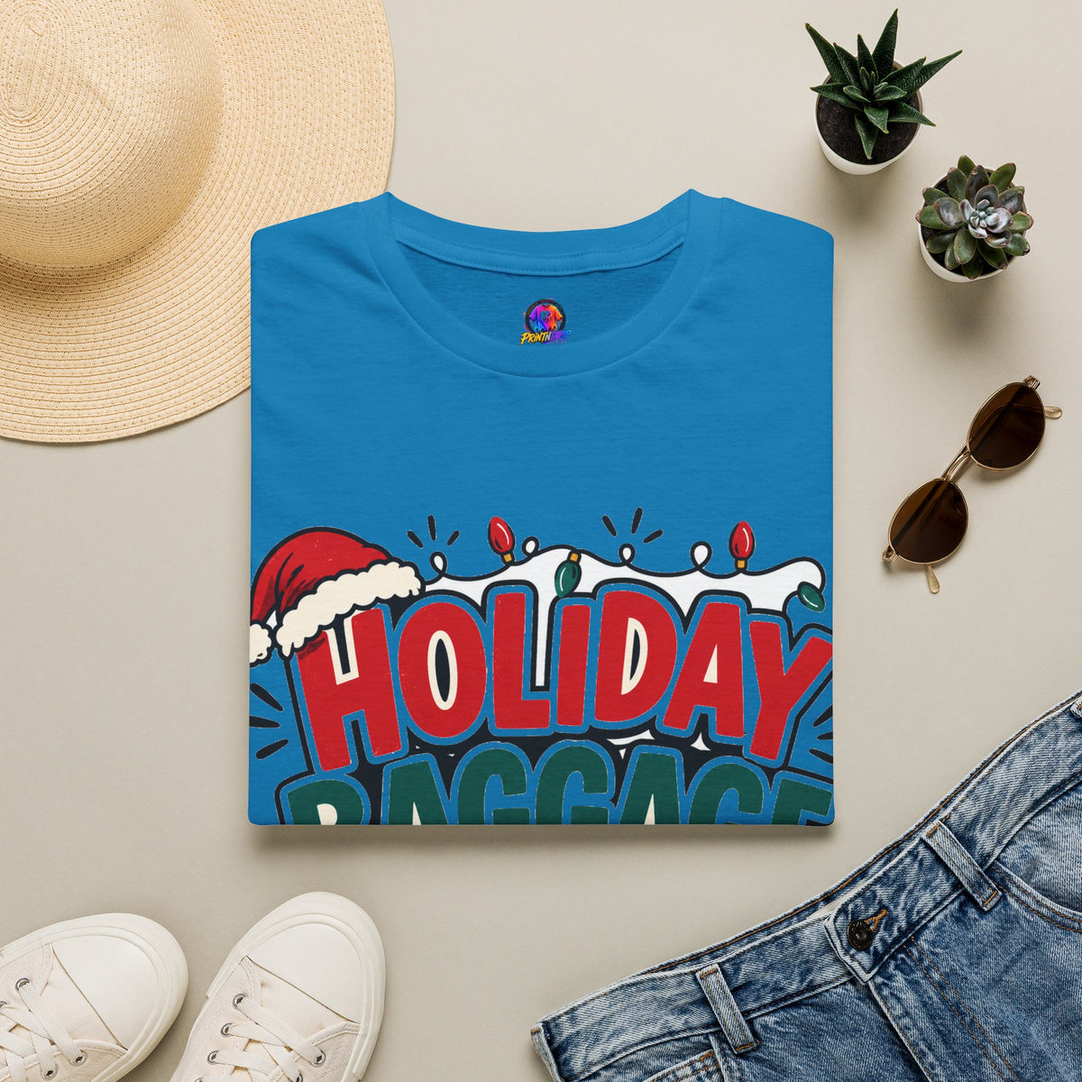 Holiday Baggage Claim T-Shirt — Funny Christmas Vacation Tee with Santa Hat & Lights