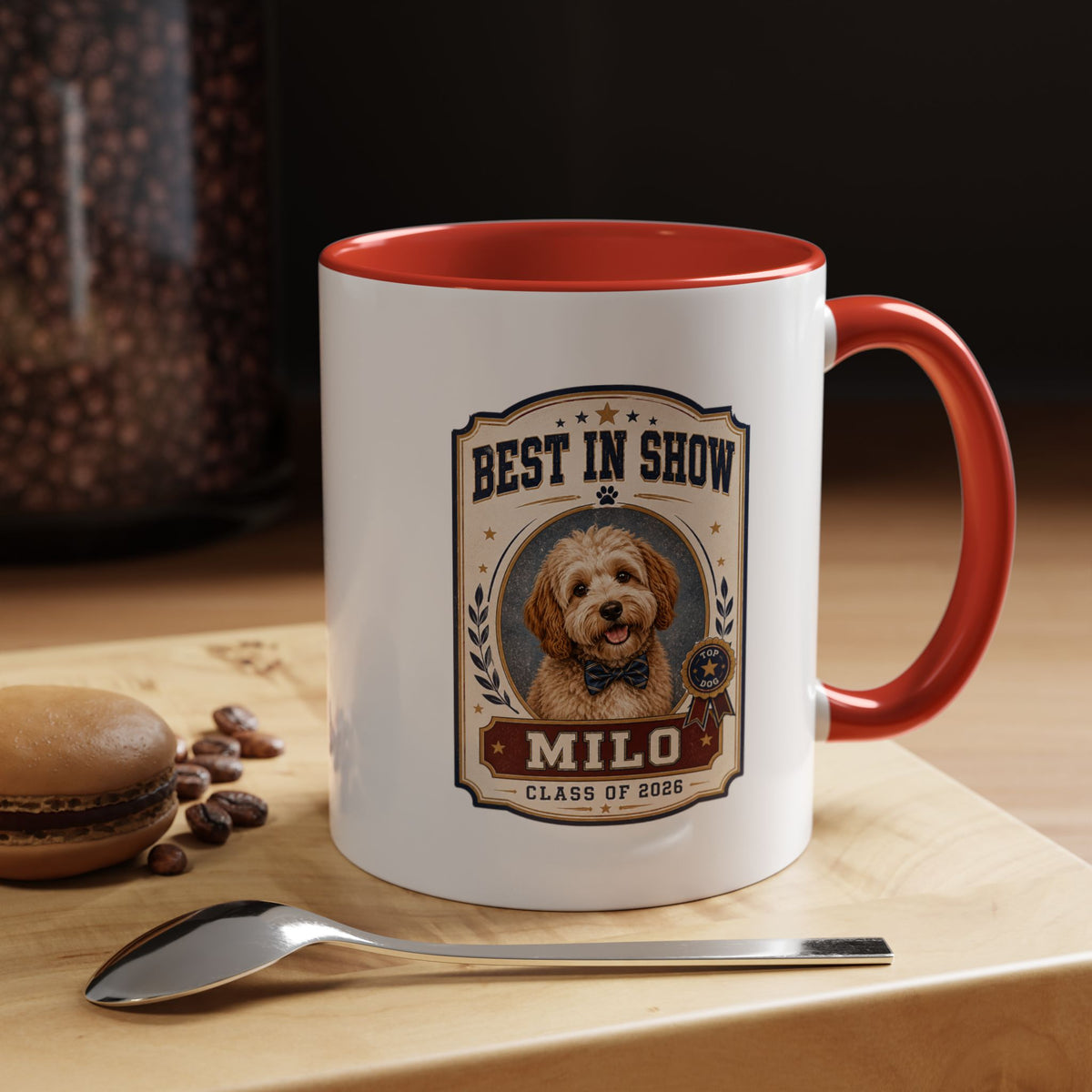 Milo Bailey Dog Dad Mom Best in Show Personalized Dog Mug — "Milo" Class of 2028 Accent Coffee Mug