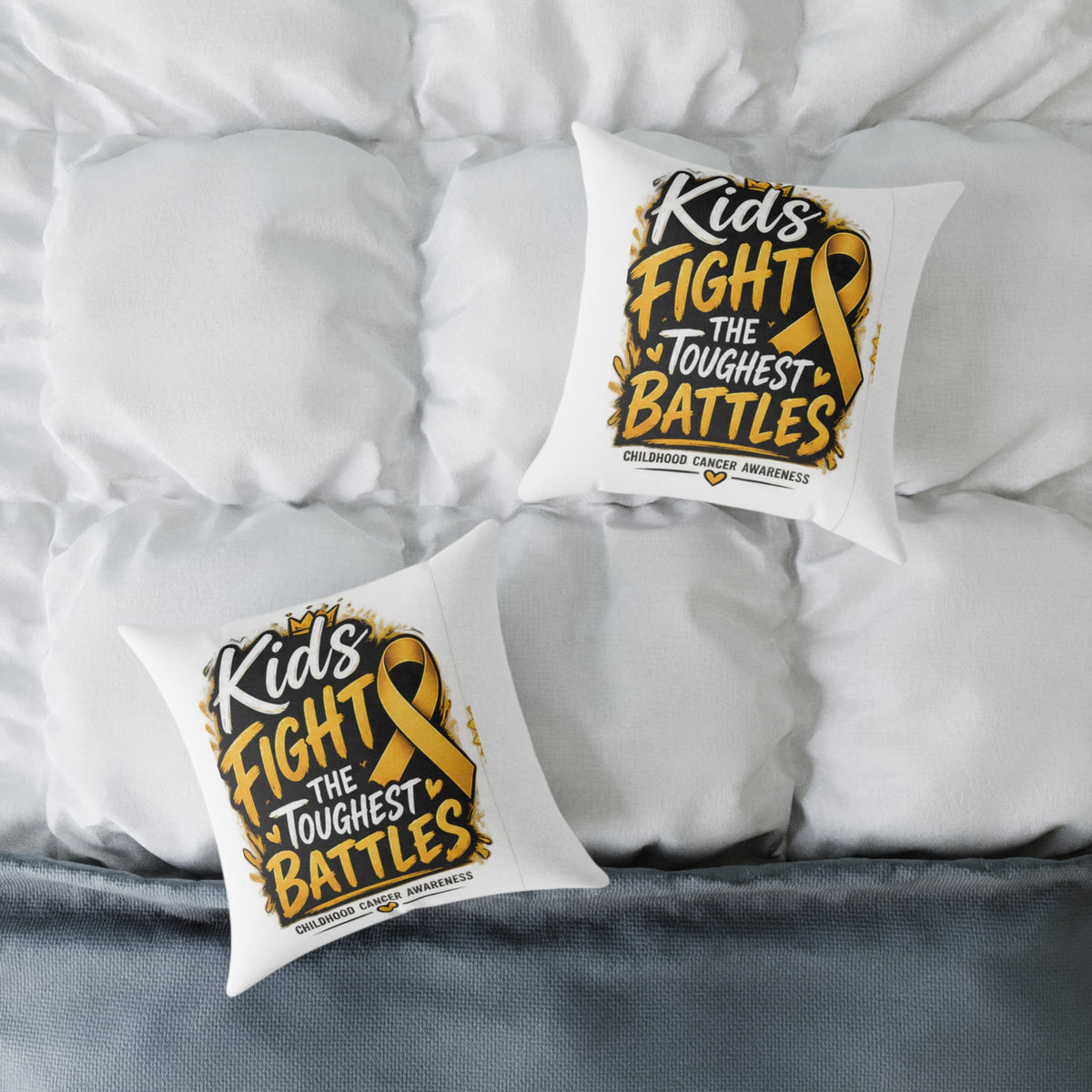 Square Throw Pillow – Kids Fight the Toughest Battles (Childhood Cancer Awareness Gold Ribbon)