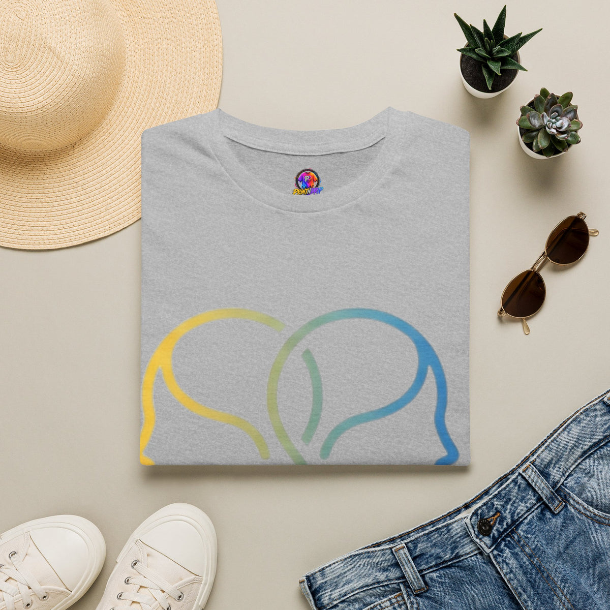 Twin Profile Line Art T‑Shirt — Gradient Sisterhood Outline Tee