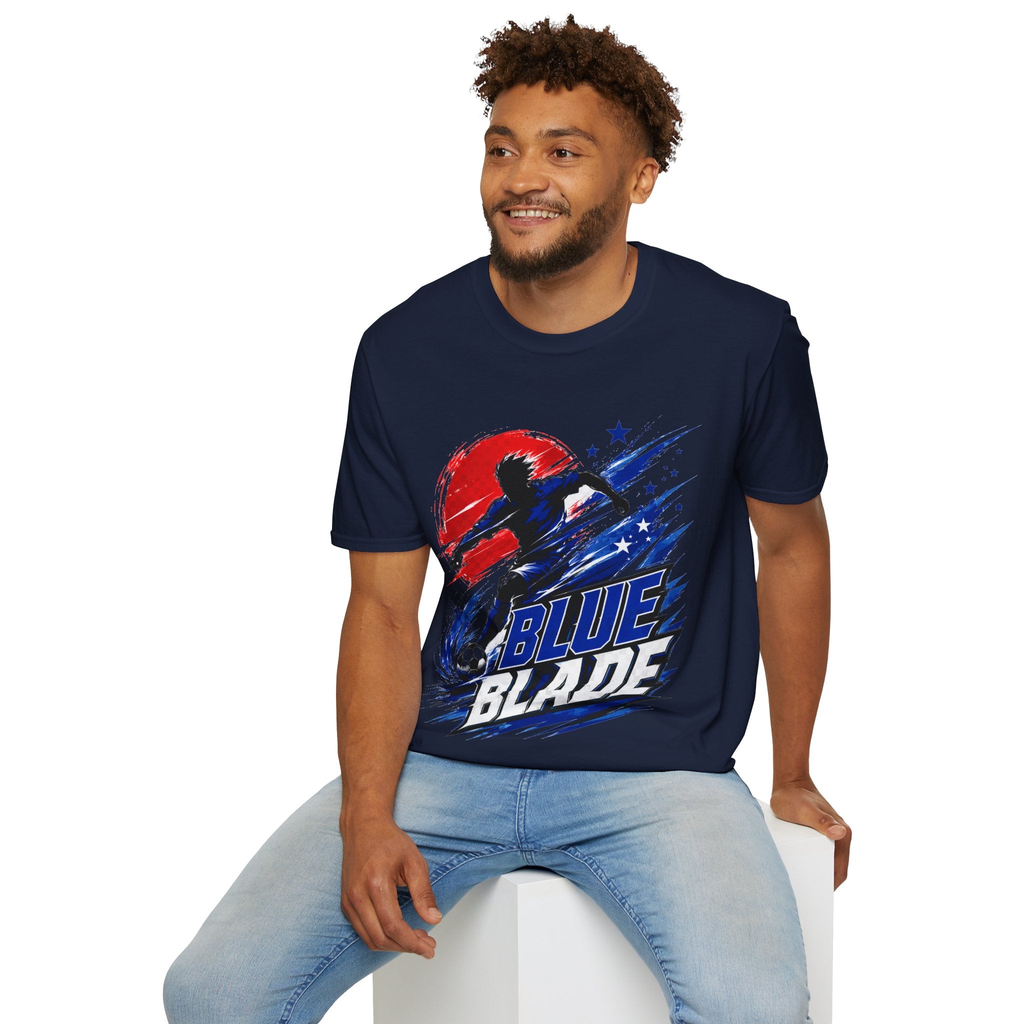 Japan T-Shirt — Blue Blade Soccer Graphic Tee (Red & Blue Starburst)