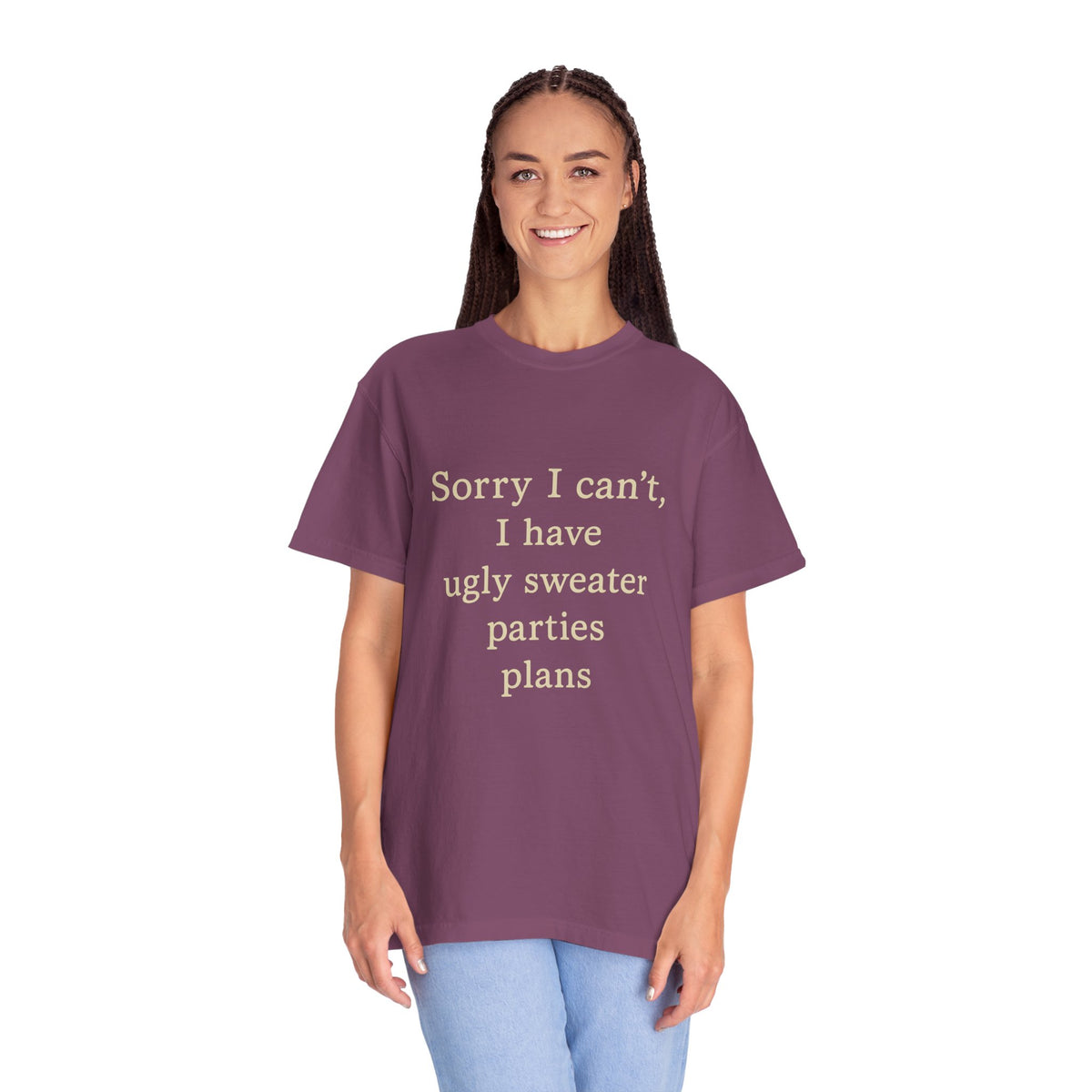 Funny Holiday Party Tee — "Sorry I can't, I have ugly sweater parties plans" T-Shirt - Trending Now - October 2026