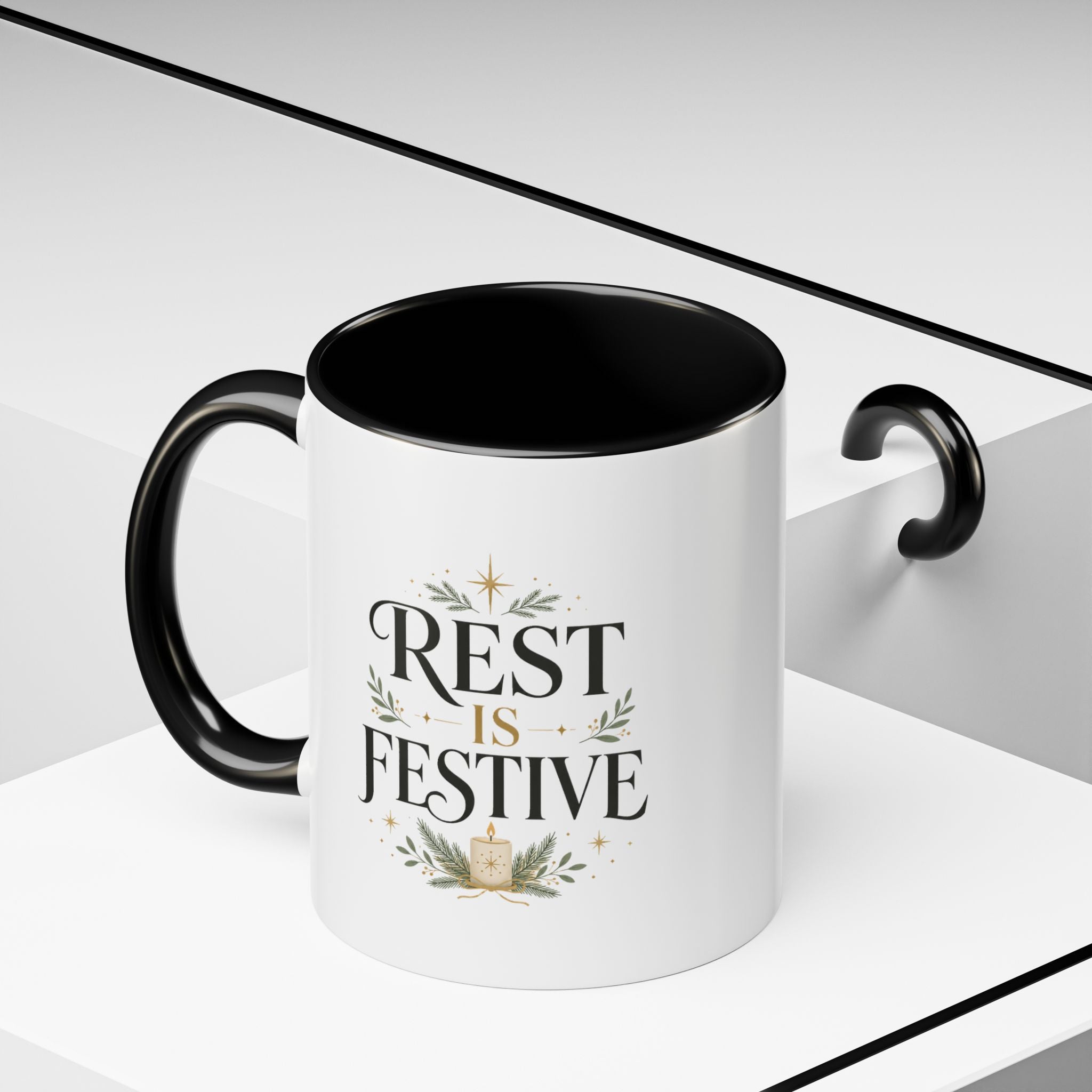 Modern Day Christmas Rest Is Festive Coffee Mug — Holiday Floral Accent
