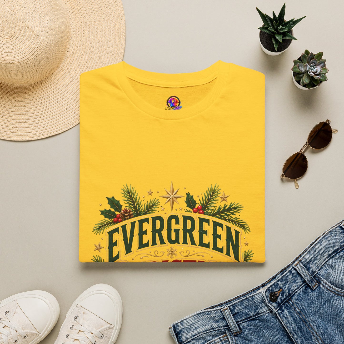 Evergreen Christmas Club T-Shirt — Vintage Holiday Pine & Ornaments Tee