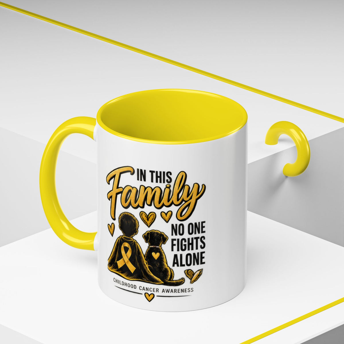 Childhood Cancer Awareness Coffee Mug — "In This Family No One Fights Alone"