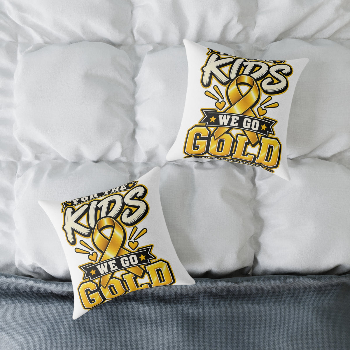 We Go Gold Kids Ribbon Square Throw Pillow — Childhood Cancer Awareness Decor