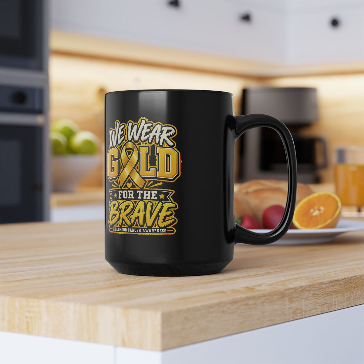 We Wear Gold for the Brave Mug – Childhood Cancer Awareness Black Coffee Cup (11oz, 15oz)