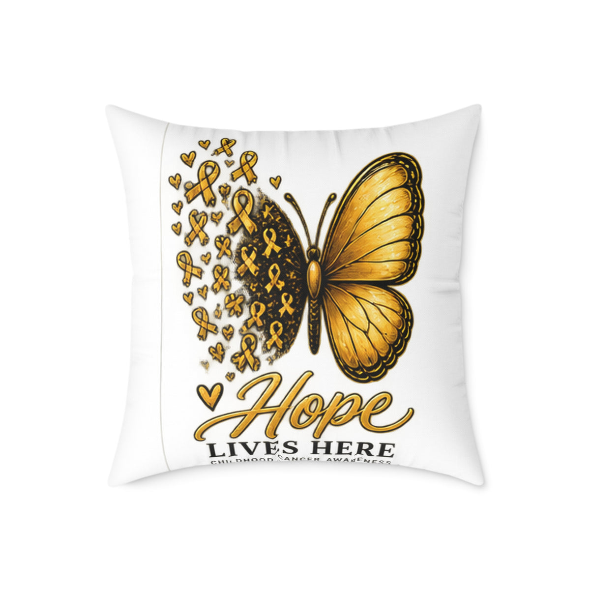 Childhood Cancer Hope Lives Here Butterfly Pillow — Gold Awareness Ribbon Accent