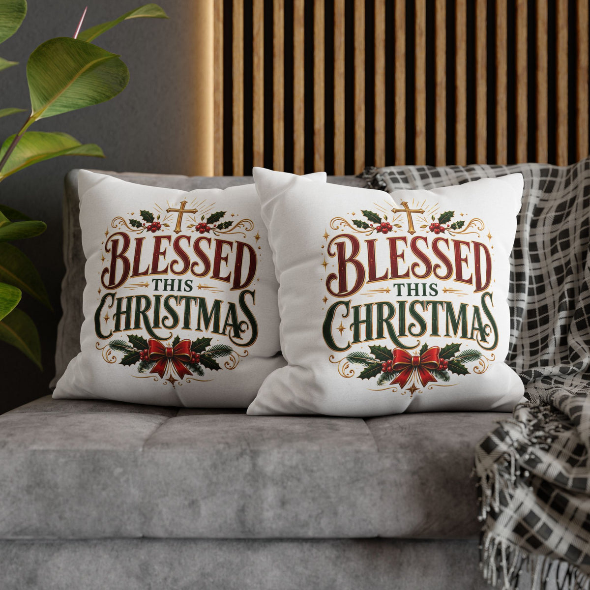 Christmas Pillowcase — "Blessed This Christmas" Religious Holiday Decorative Throw Pillow