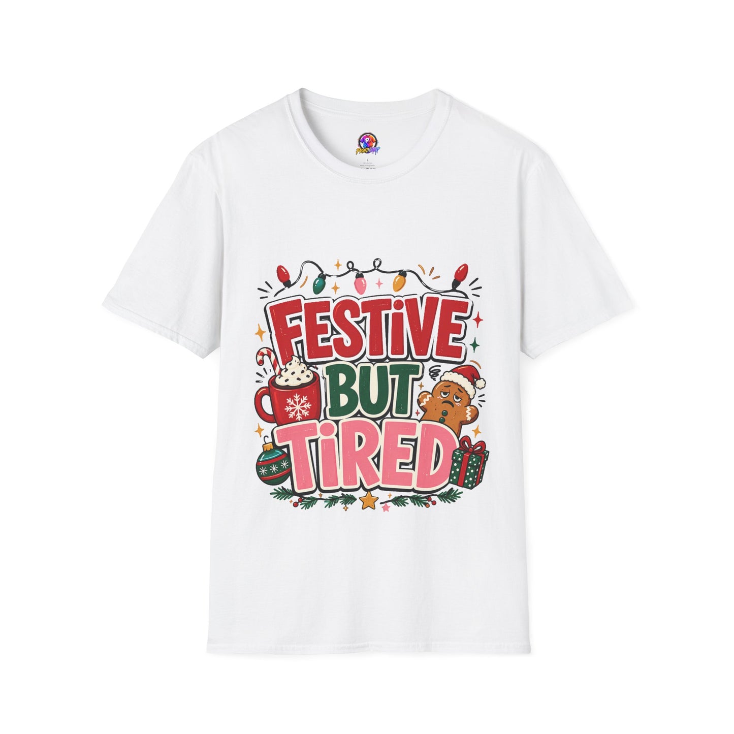 Festive But Tired T-Shirt — Holiday Christmas Crew Tee with Lights & Gingerbread