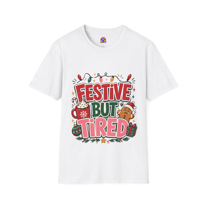 Festive But Tired T-Shirt — Holiday Christmas Crew Tee with Lights & Gingerbread