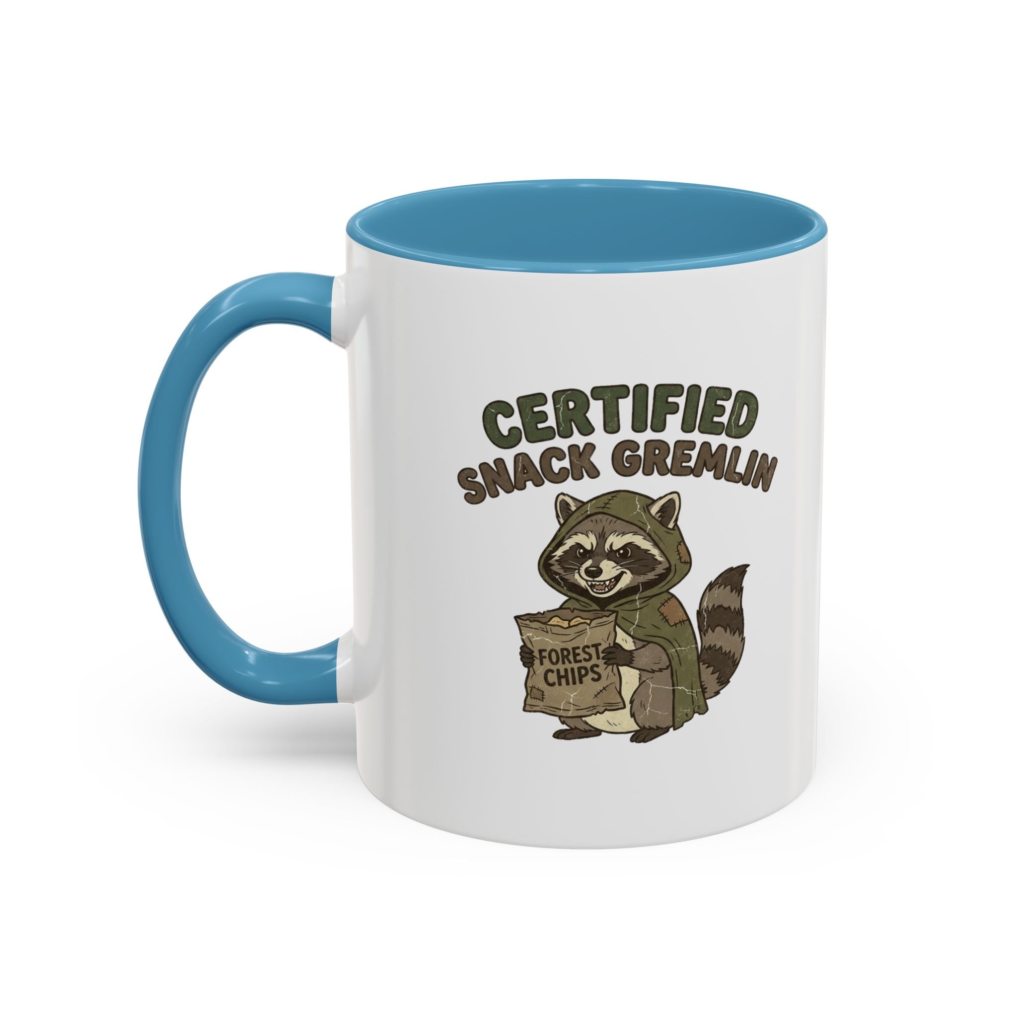 Funny Certified Snack Gremlin Coffee Mug — Cute Raccoon Snack Lover Accent Mug
