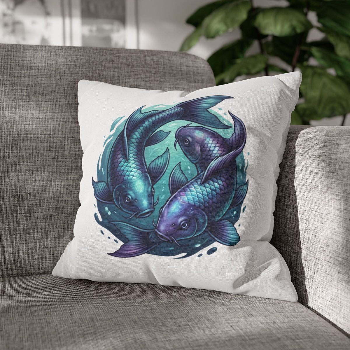 Pisces Koi Fish Decorative Pillowcase — Blue Yin Yang Aquatic Throw Pillow Cover