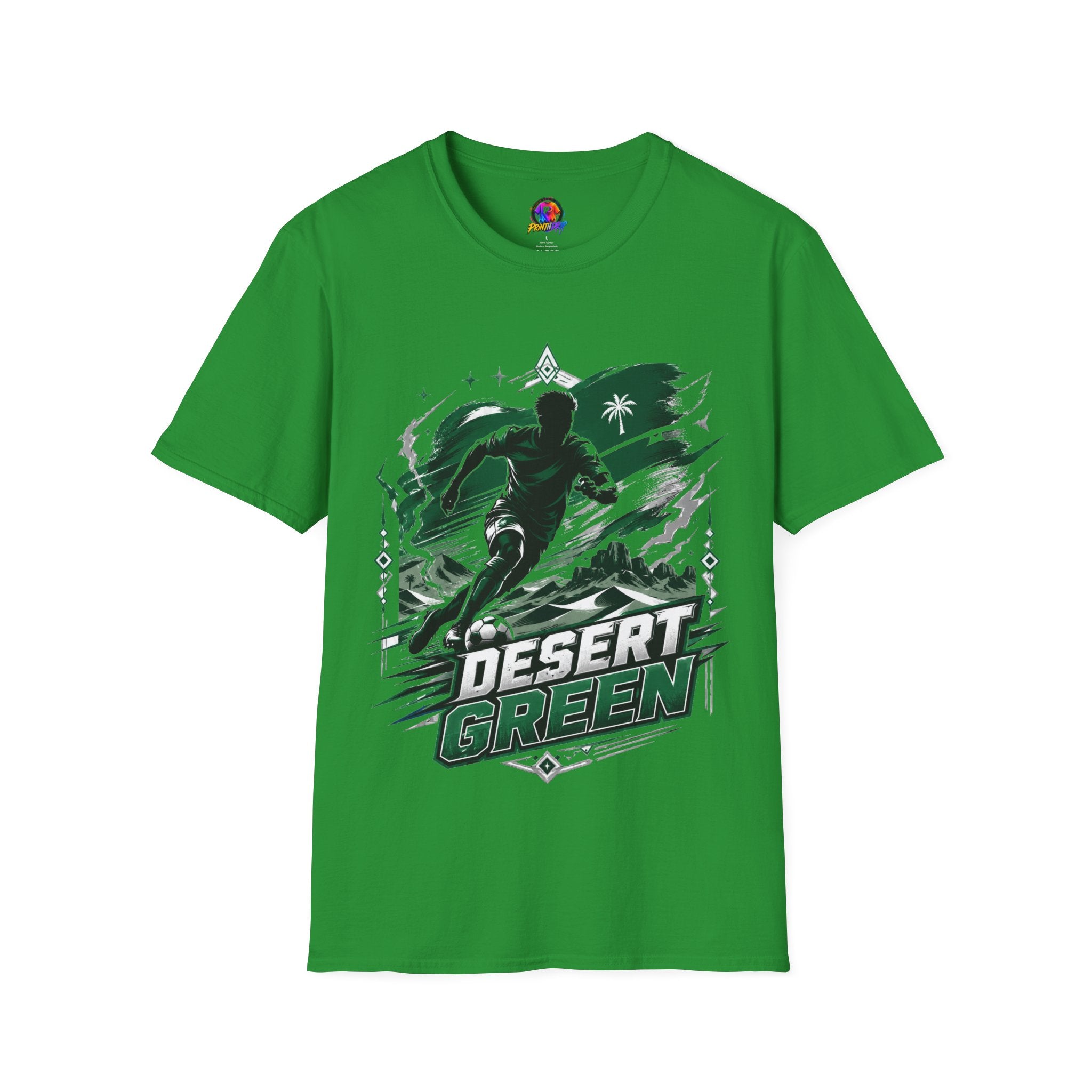 Saudi Arabia Desert Green Soccer T-Shirt — Silhouette Player Graphic