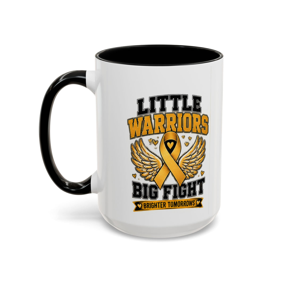 Little Warriors Big Fight Childhood Cancer Awareness Coffee Mug — Gold Ribbon Support Accent Mug