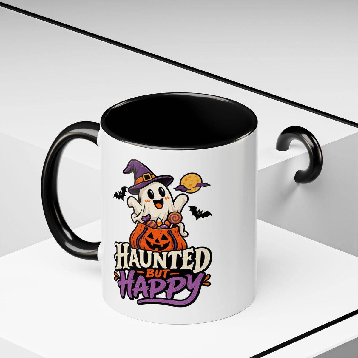 Haunted But Happy Coffee Mug — Halloween Ghost Pumpkin Accent Mug (11/15oz)