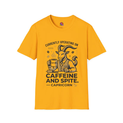 Capricorn T-Shirt — "Currently Operating on Caffeine and Spite" Zodiac Goat Tee