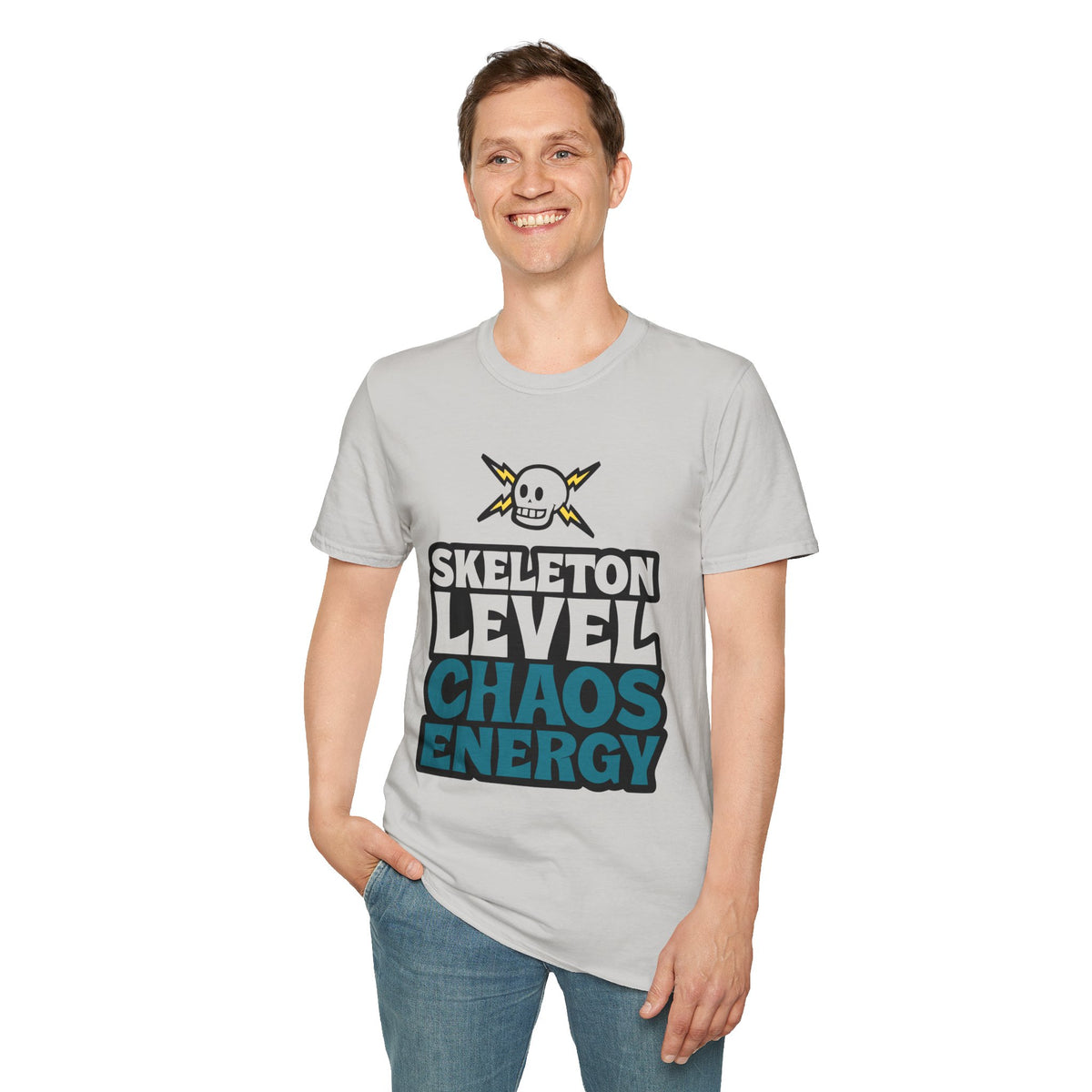 Skeleton Level Chaos Energy Teal Lightning Bolt T-Shirt - Edgy Alt Streetwear Graphic Tee - Trending Now - September 2026