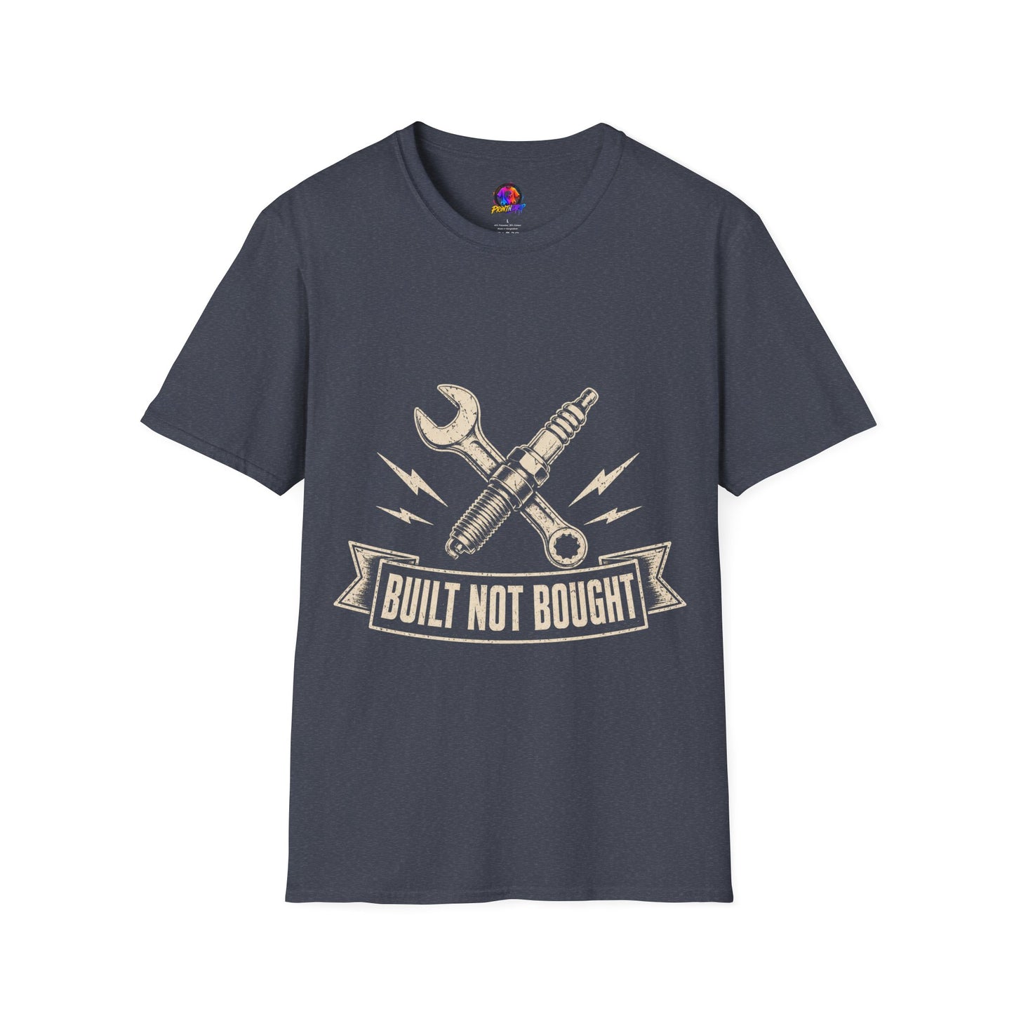Built Not Bought T-Shirt — Vintage Mechanic Spark Plug & Wrench Tee for DIY Car Enthusiasts