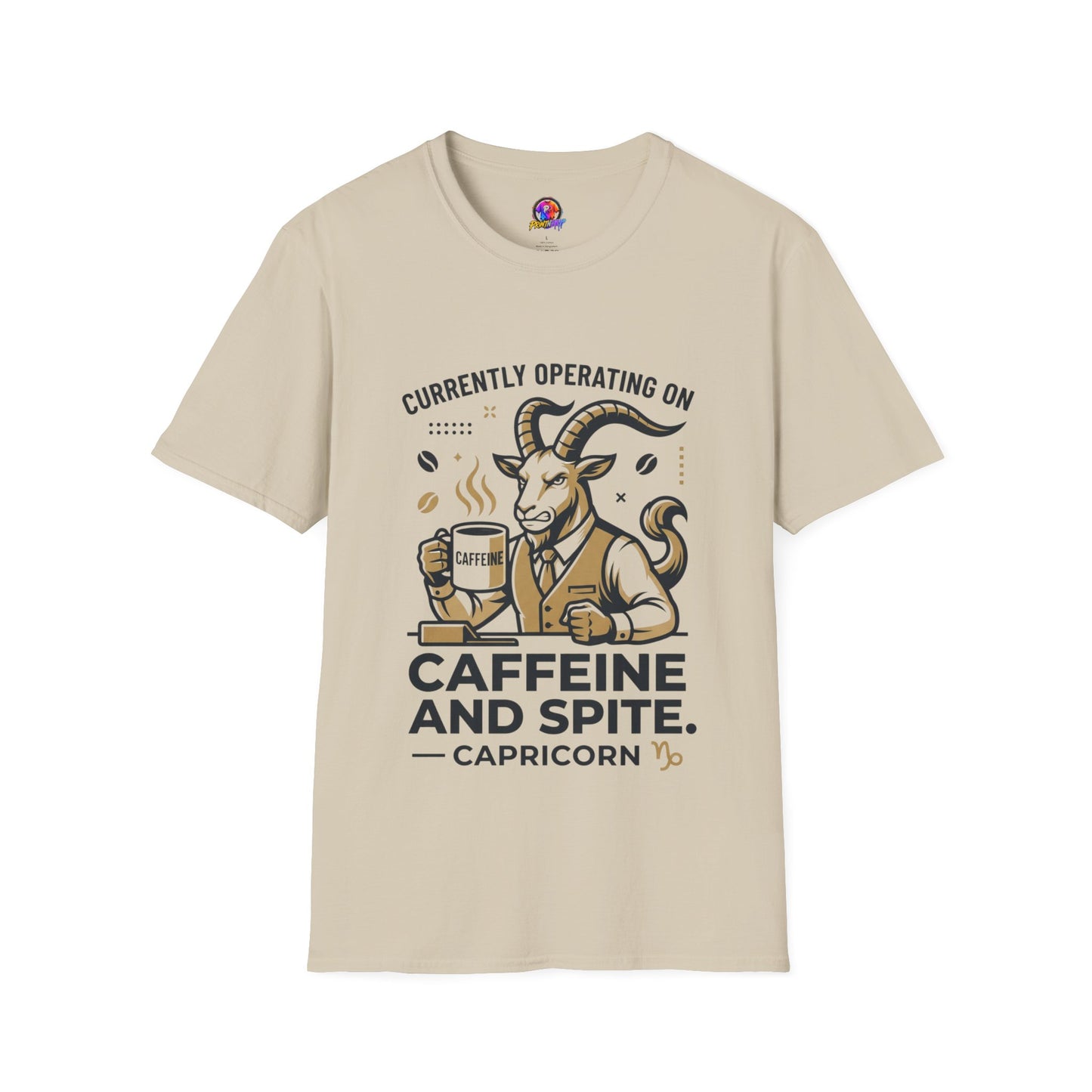 Capricorn T-Shirt — "Currently Operating on Caffeine and Spite" Zodiac Goat Tee