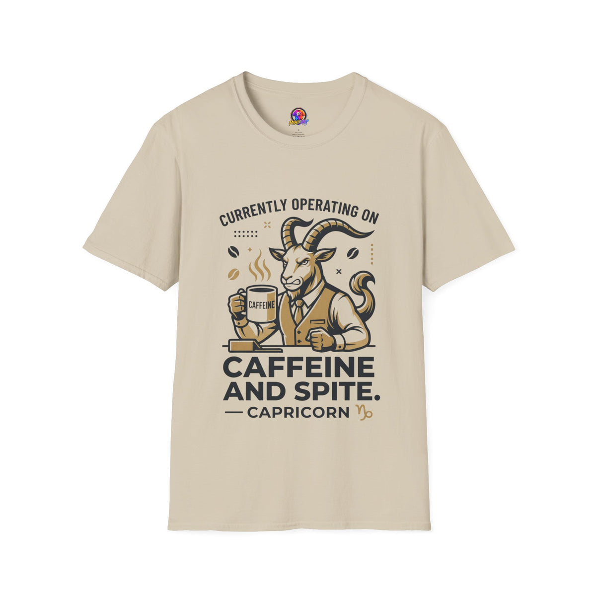 Capricorn T-Shirt — "Currently Operating on Caffeine and Spite" Zodiac Goat Tee