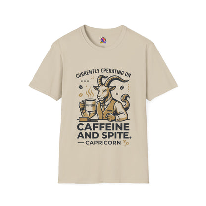 Capricorn T-Shirt — "Currently Operating on Caffeine and Spite" Zodiac Goat Tee