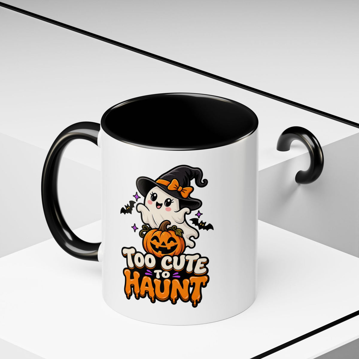 Halloween Coffee Mug - 'Too Cute to Haunt' Ghost Pumpkin Accent Mug