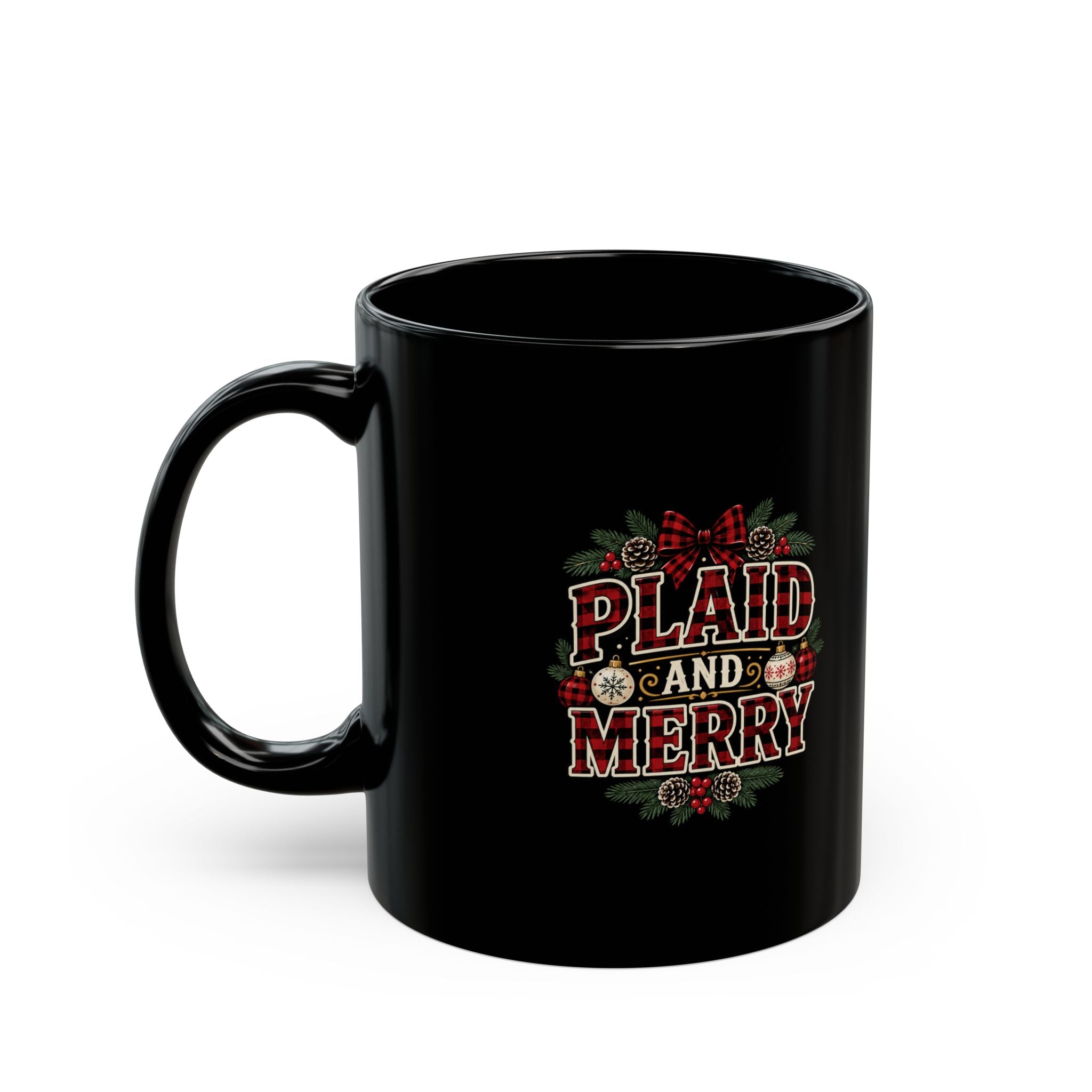 Plaid and Merry Black Coffee Mug — Holiday Christmas Tea Cup