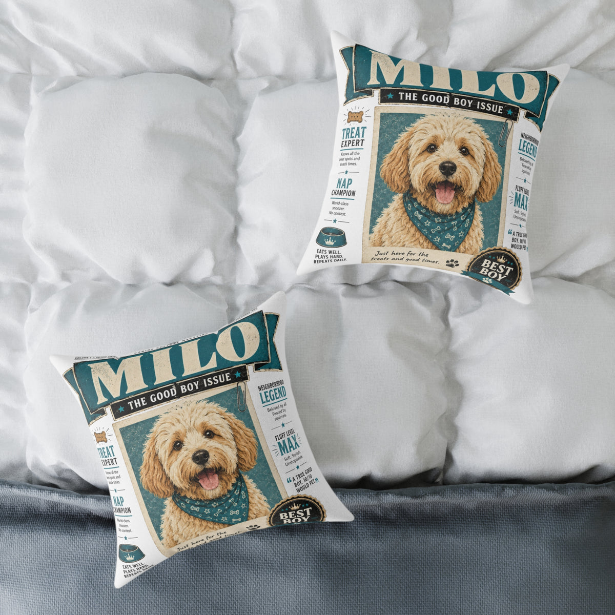 Personalized Dog Magazine Cover Pillow  Milo Bailey Dog Dad Mom — 'MILO' Square Poly Canvas Throw Pillow