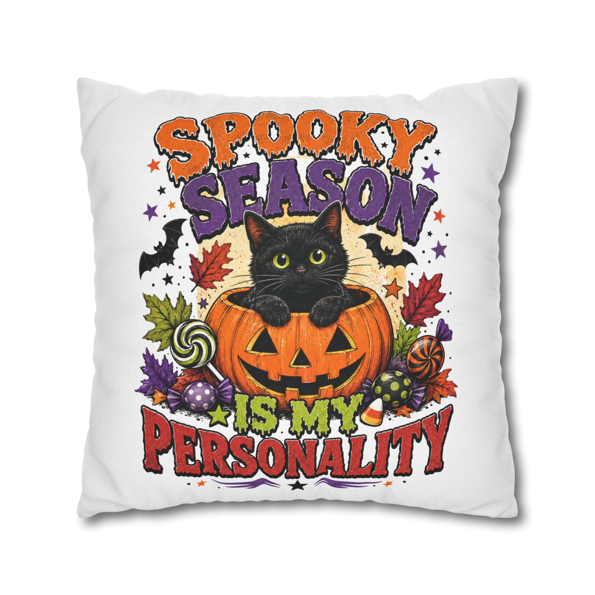 Halloween Pillowcase — "Spooky Season Is My Personality" Black Cat & Pumpkin Decorative Pillow Cover