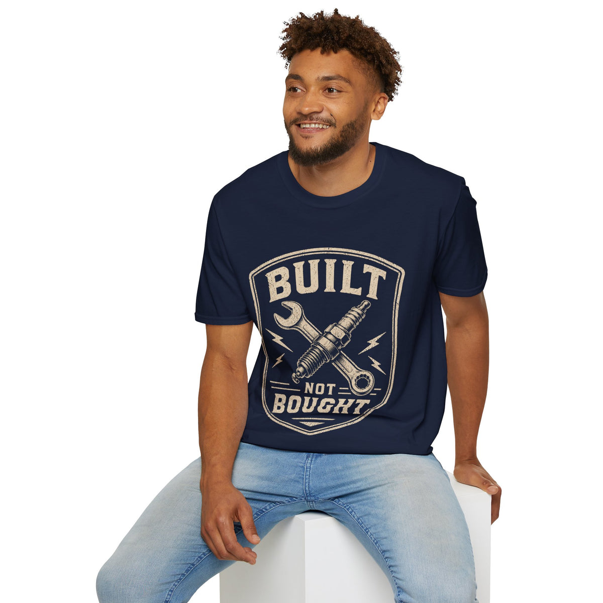 Built Not Bought T-Shirt — Vintage Mechanic Wrench & Spark Plug Design