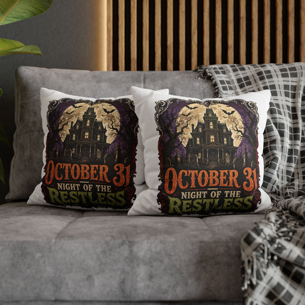 Halloween Pillowcase — "October 31 Night of the Restless" Haunted House Throw Pillow