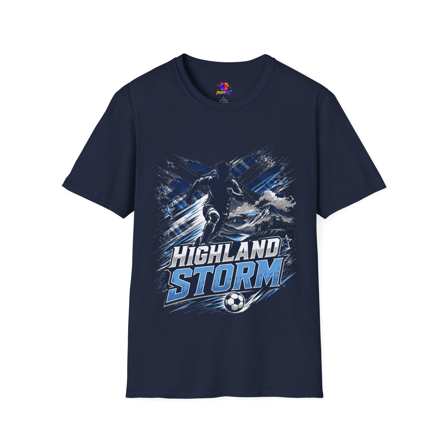 Scotland Highland Storm Soccer T-Shirt — Mountain Soccer Player Graphic Tee