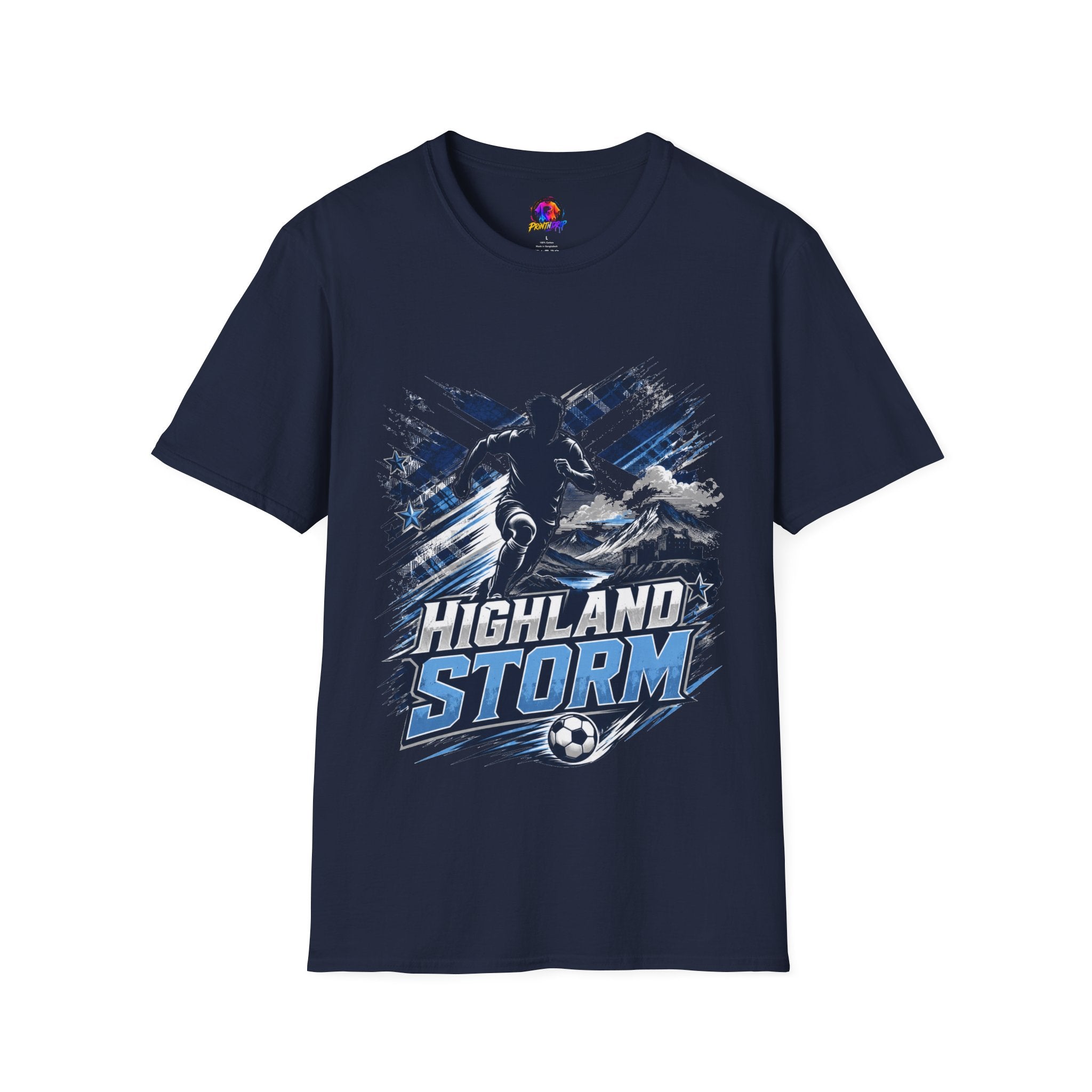 Scotland Highland Storm Soccer T-Shirt — Mountain Soccer Player Graphic Tee