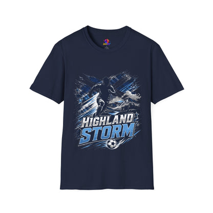 Scotland Highland Storm Soccer T-Shirt — Mountain Soccer Player Graphic Tee