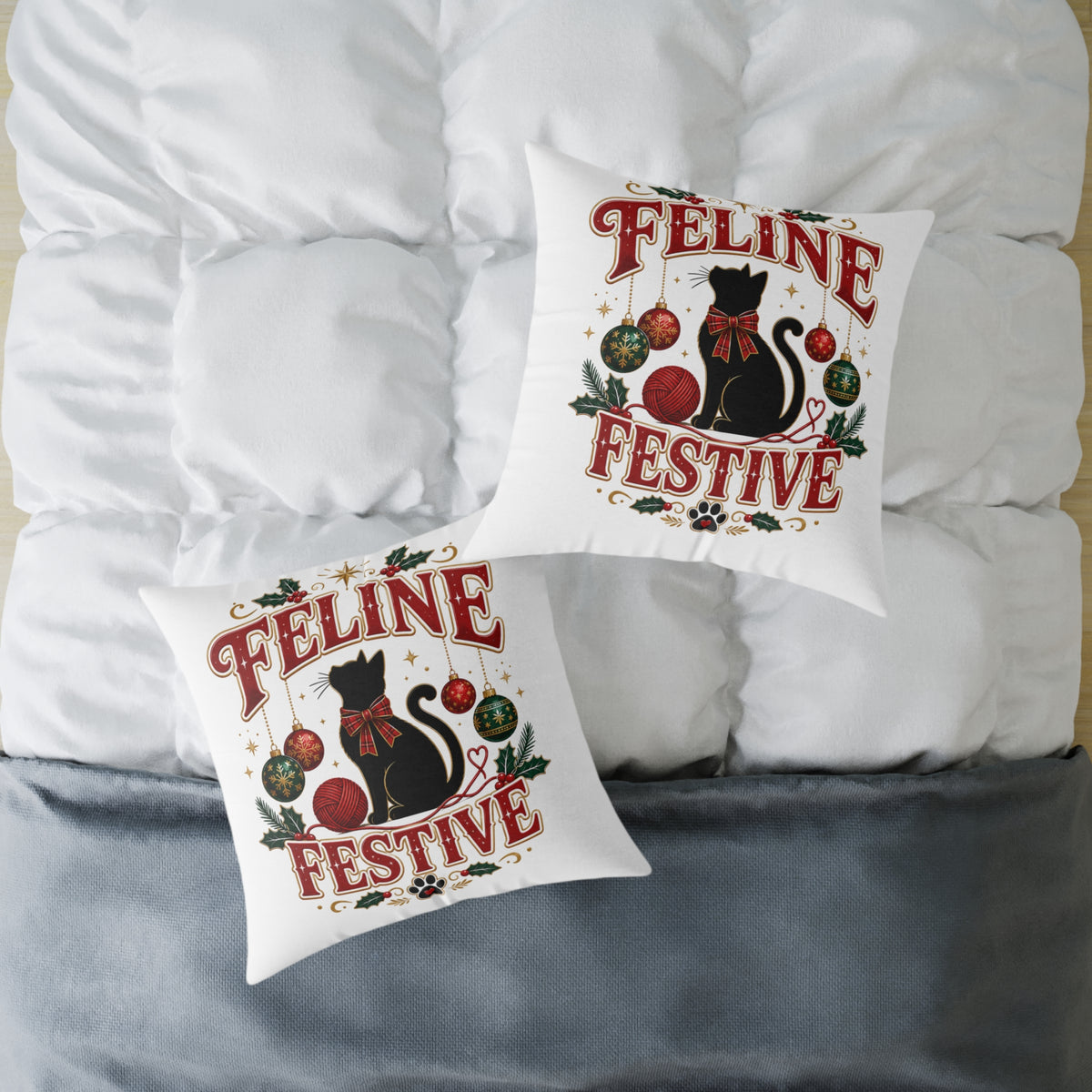 Christmas Feline Festive Square Pillow - Holiday Cat Decor