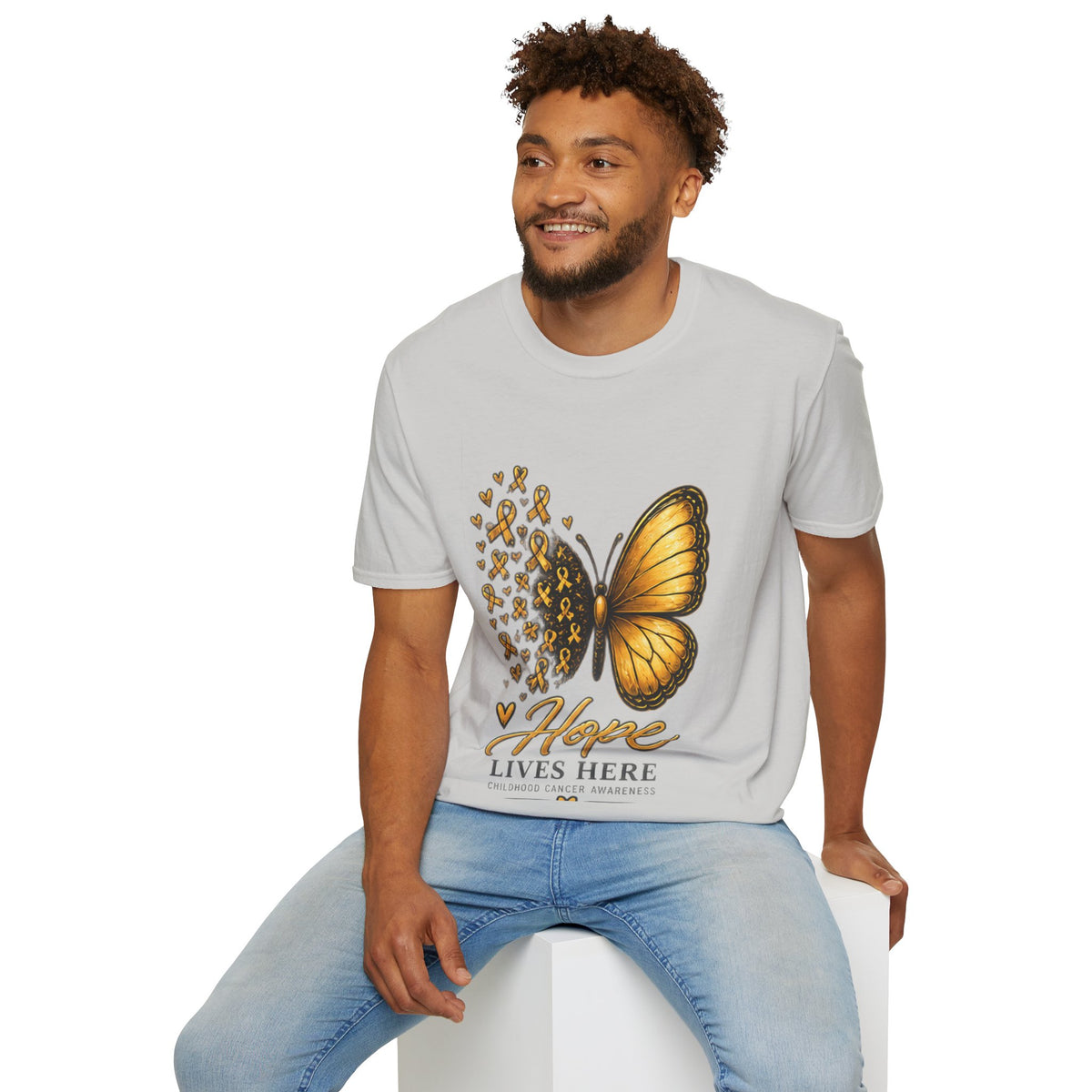 Hope Lives Here Gold Ribbon Butterfly Childhood Cancer Awareness T-Shirt