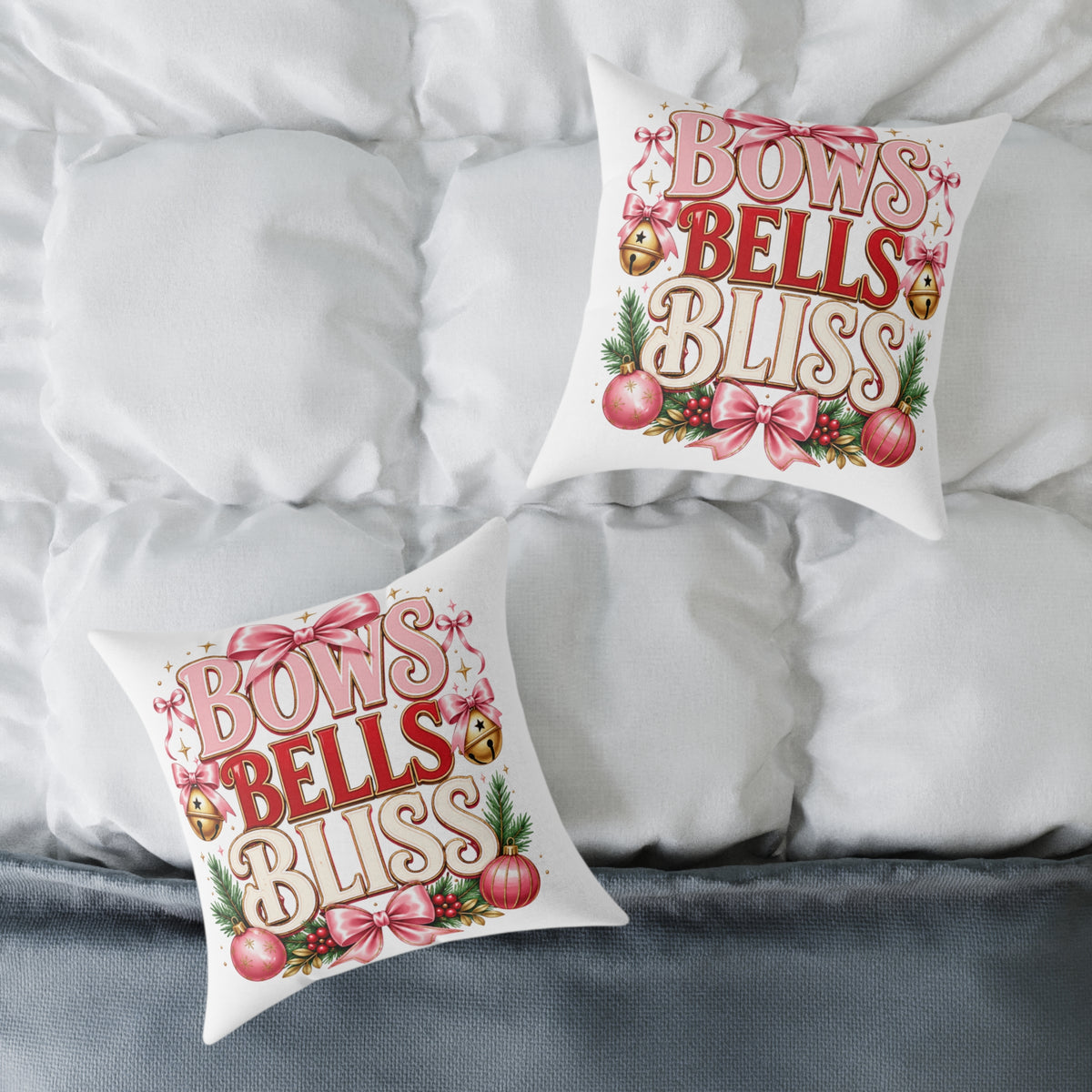 Christmas Bows Bells Bliss Square Poly Canvas Pillow