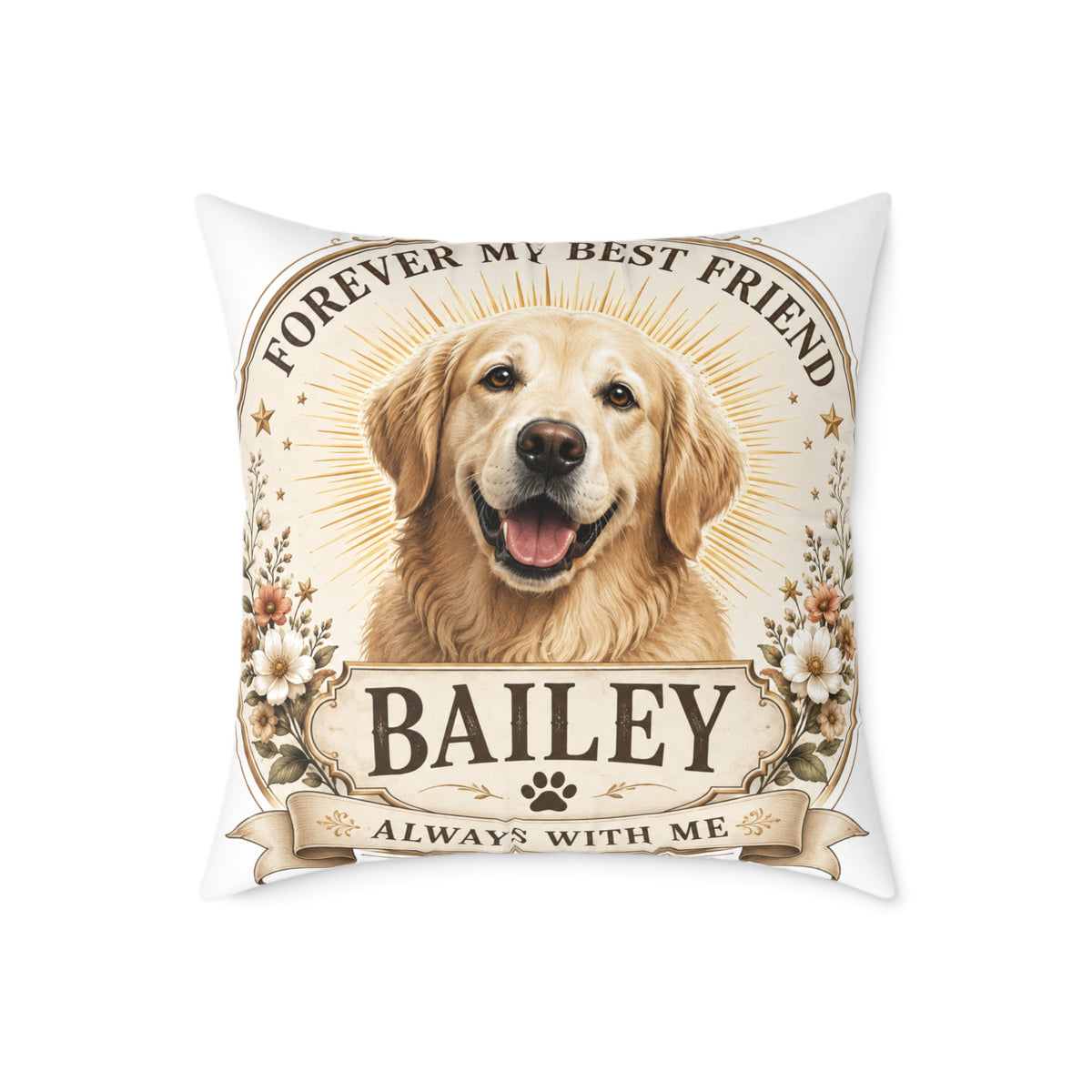 Personalized Dog Pillow Milo Bailey Dog Dad Mom - "Forever My Best Friend" Custom Pet Name Golden Retriever Throw Pillow