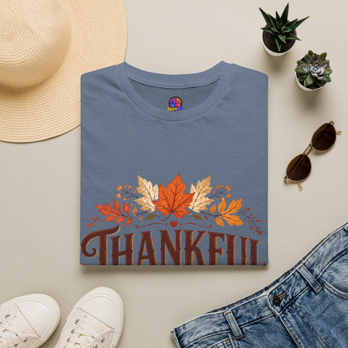 Thanksgiving T-Shirt Thankful Always T-Shirt — Autumn Leaves & Pumpkins Thanksgiving Tee