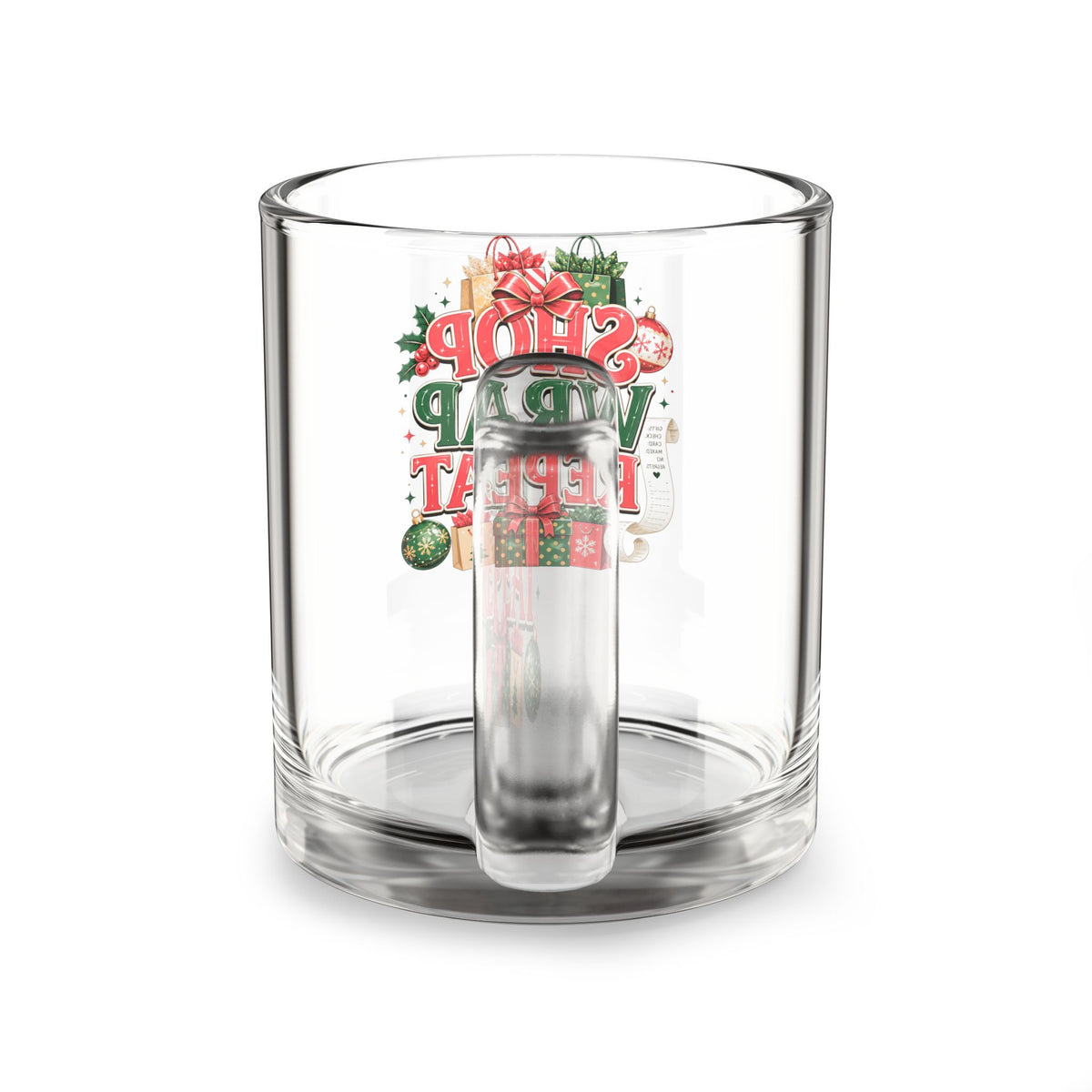 Christmas Glass Mug 10 oz Glass Mug — "Shop Wrap Repeat" Christmas Gift Coffee Mug