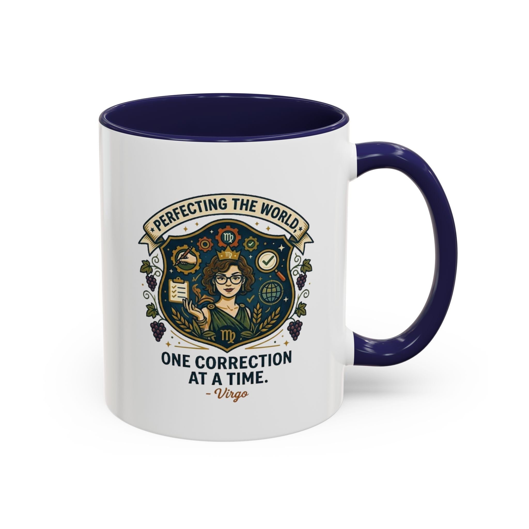 Virgo Coffee Mug — "Perfecting the World: One Correction at a Time" Accent Astrology Gift